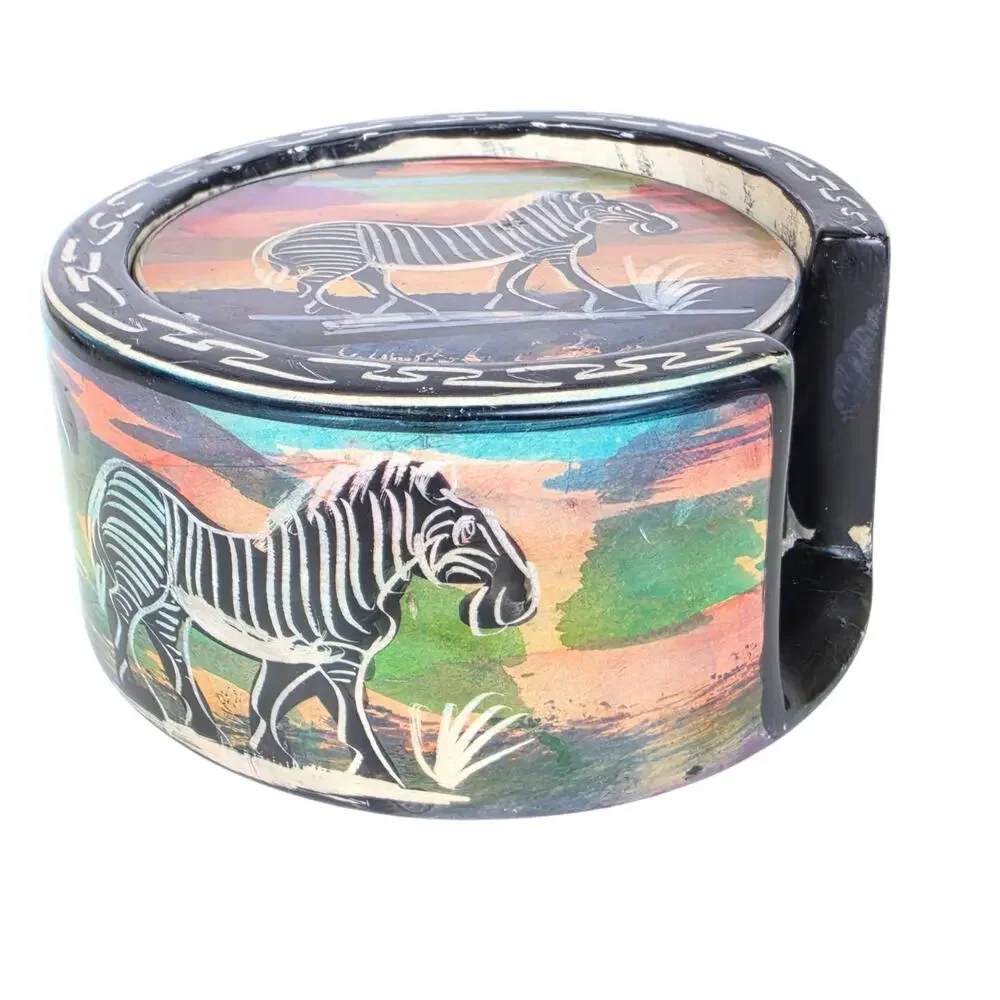 Vintage Serengeti Sunset Soapstone Coasters African Wildlife Holder Set